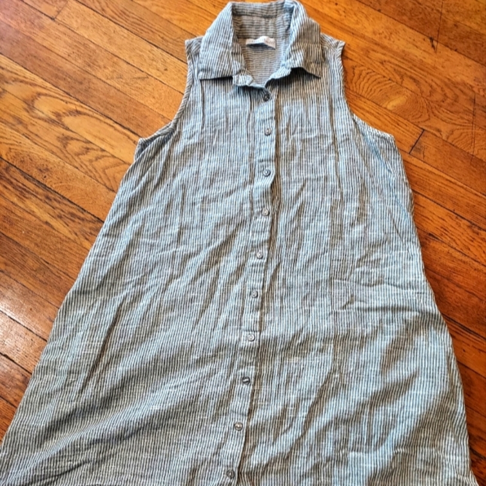 sleeveless striped blue and white dress shirt dress button down front Keren Hart